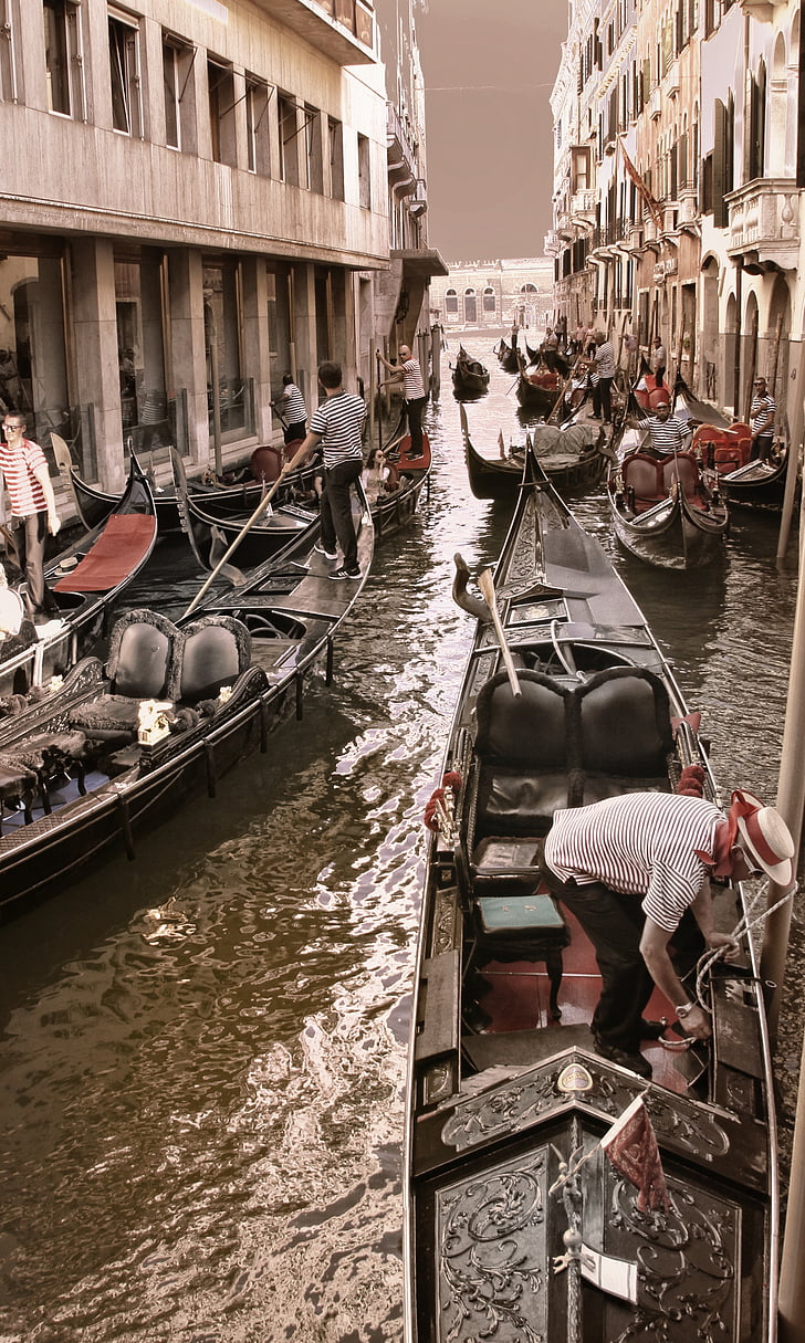 Wenecja, gondola, kanał, Gondolier, Venezia, Architektura, Wenecja - Włochy