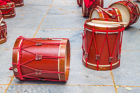 muziek, drums, rood, hout, touw