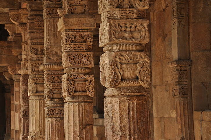 søyler, tempelet, utskjæringer, stein, intrikate, utsmykkede, hinduisme