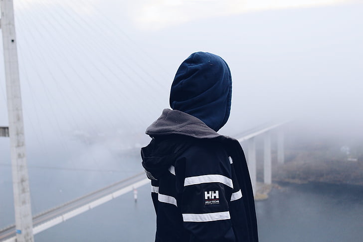 back view, bridge, cold, danger, fashion, fog, jacket