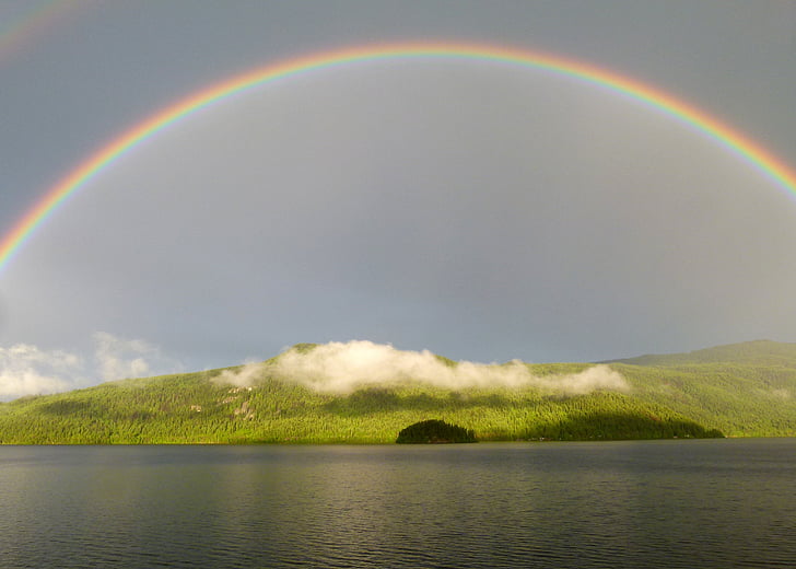 rainbow, canim lake, british columbia, canada, thunderstorm, scenery, landscape