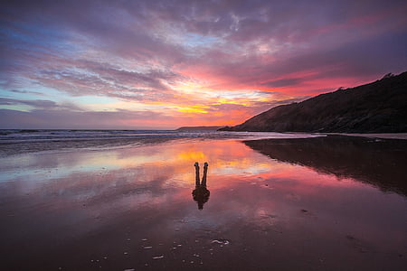 pláž, Západ slunce, odlivu, reflexe, oceán, silueta, Wales