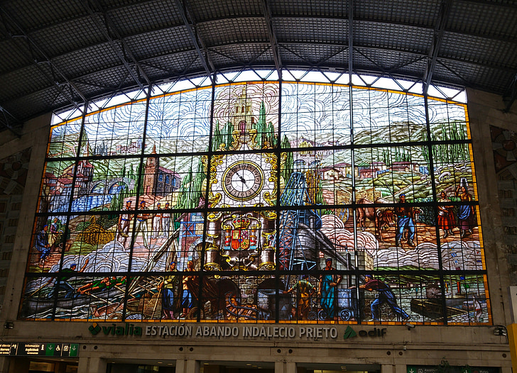 facade, railway station, bilbao, spain, opaque glass window, clock