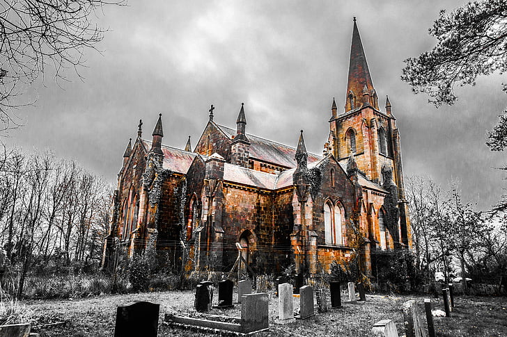 Gereja, meninggalkan, bobrok, menyeramkan, pemakaman, Wales