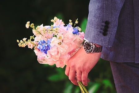 bouquet, flowers, purple, rose, man, watch, floral