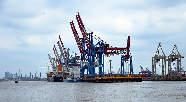Crane, tranor, hamn, Hamburg, webbplats, hamnkranar, vatten
