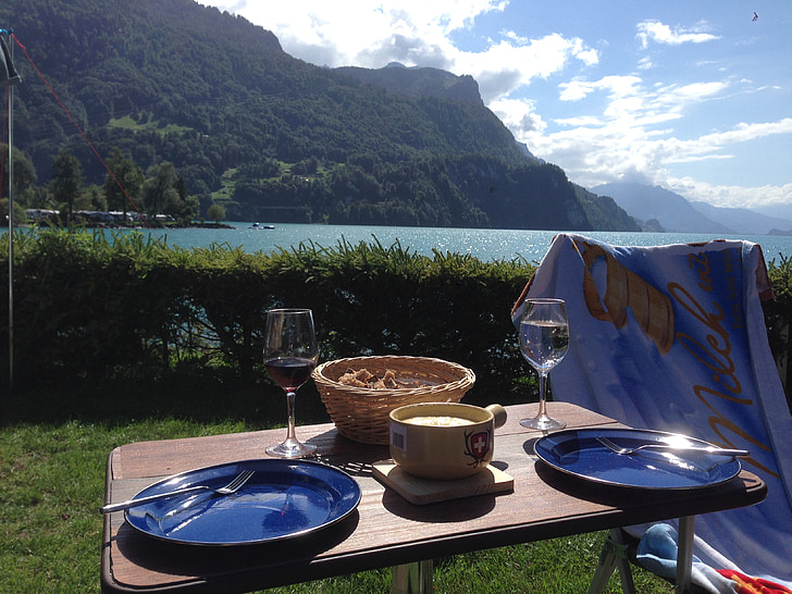 fondue, Schweiz, bergen, sjön, Camping, helgdagar, sommar