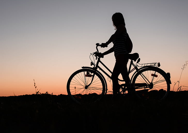 jente, hjul, solnedgang, romantikk, kjærlighet, sykkel, silhuett