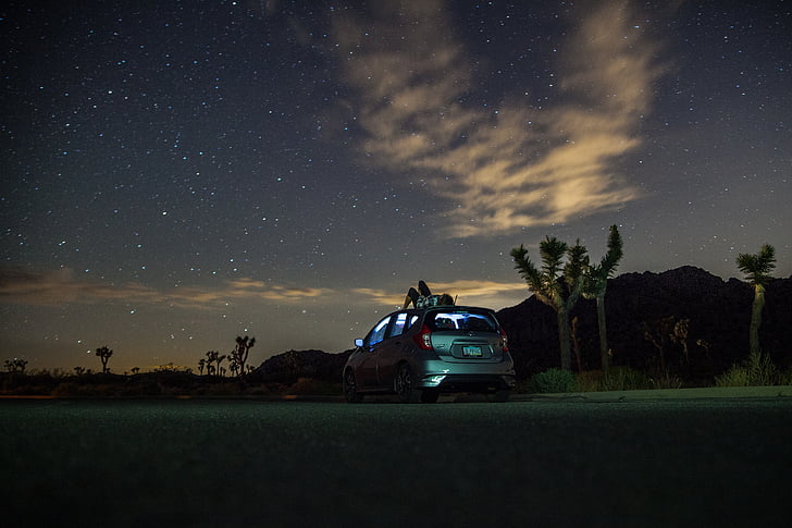 automašīnas, tumša, naktī, persona, debesis, zvaigzne uzmanīgi skatīties, zvaigznes