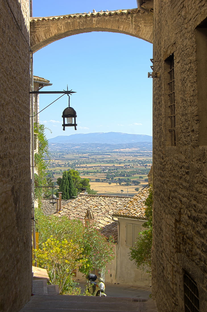 Assisi, Italia, Street, landskapet, Sommer, Umbria, lykt