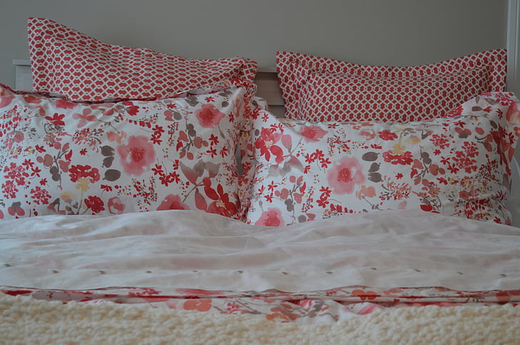 oreillers, floral, lit, chambre à coucher, linge de maison, coussins de, couvre-lit