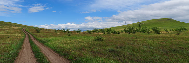 panorama, road, mountains, landscape, summer, trail, field
