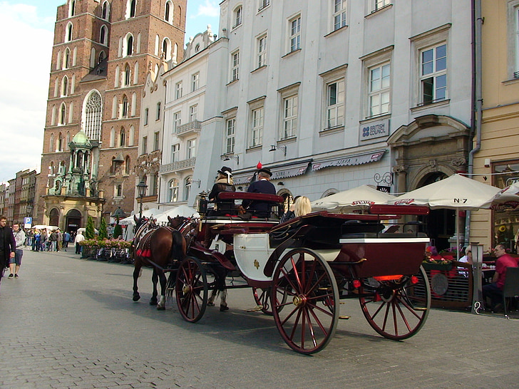 Krakov, glavni trg, konjsko vprego, cerkev Marijinega