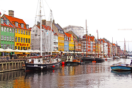casa, Cases de colors alegres, vermell, groc, bonica, Port, Nyhavn nou port