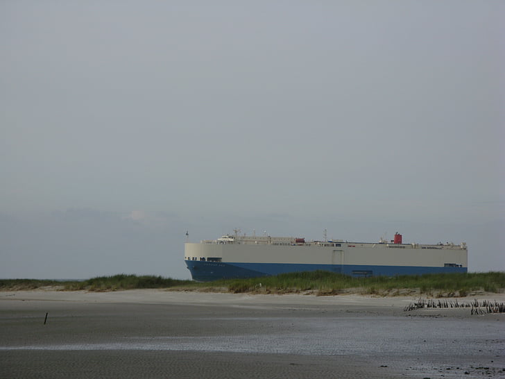 Cargo, navire, Borkum, mer du Nord, île, plage, été