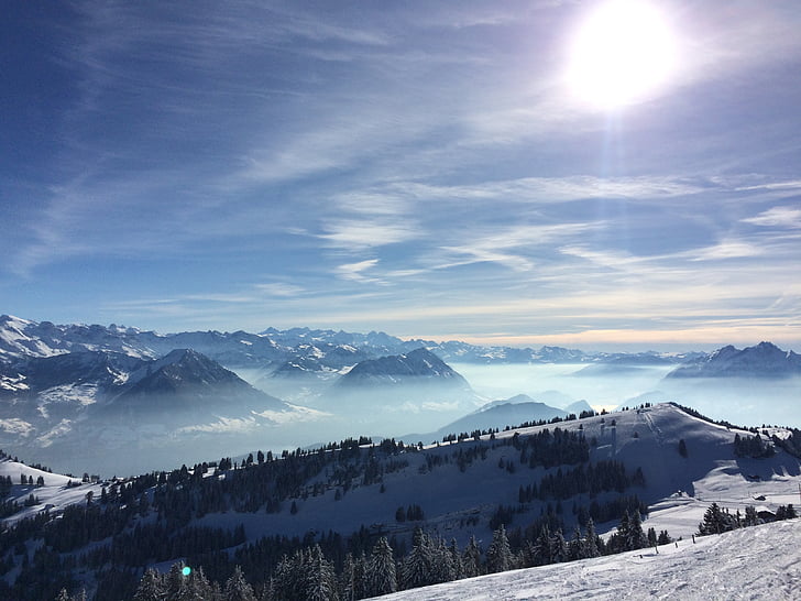 cold, landscape, mountain range, mountains, nature, snow, trees
