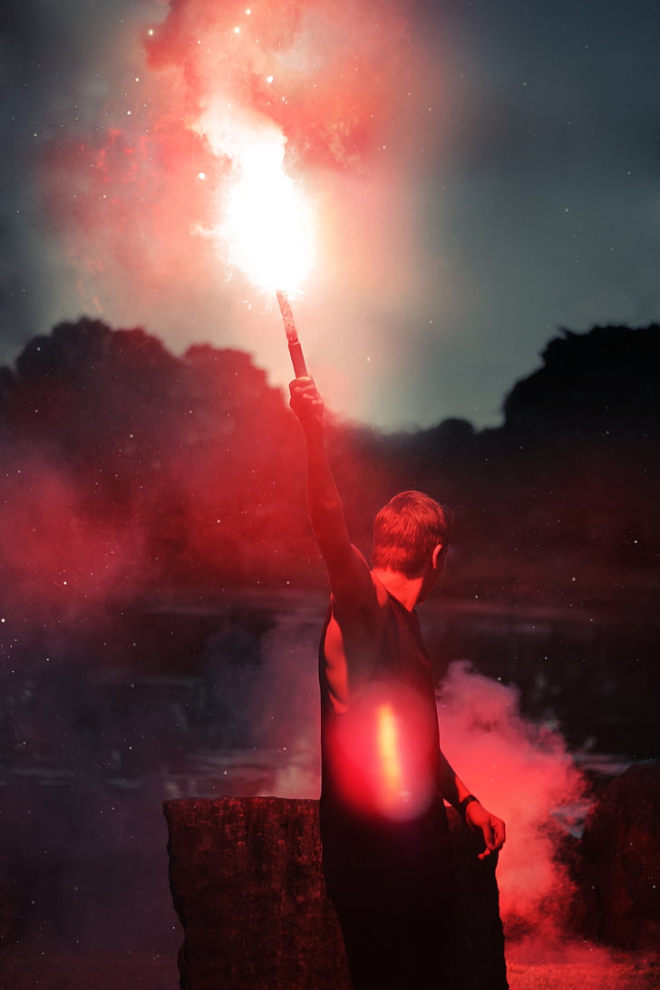 person, holding, sparkling, torch, flare, light, smoke