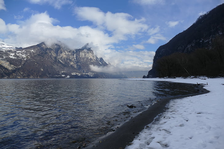 湖, ヴァレン湖, churfirsten, 風景, 水, 自然, 雪