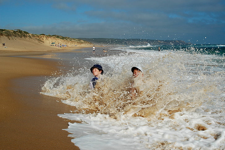 plajă, băieţi, distractiv, pălării, copii, agrement, ocean