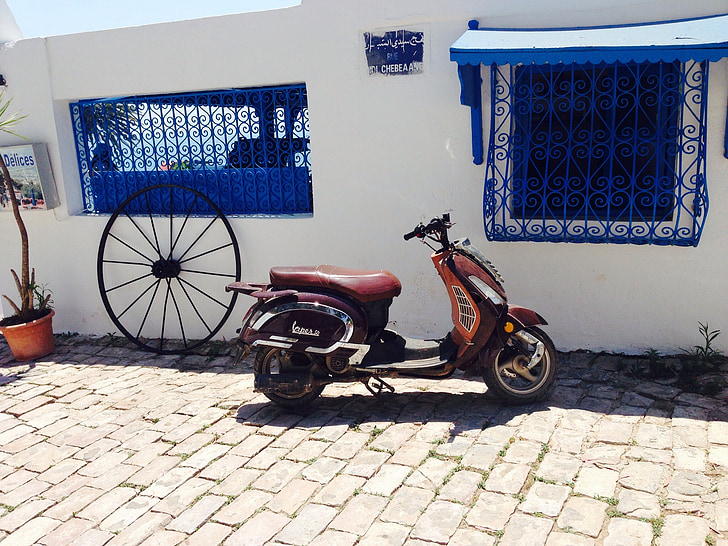 motor scooter, corró, Tunísia, vacances, finestra, roda, Vespa
