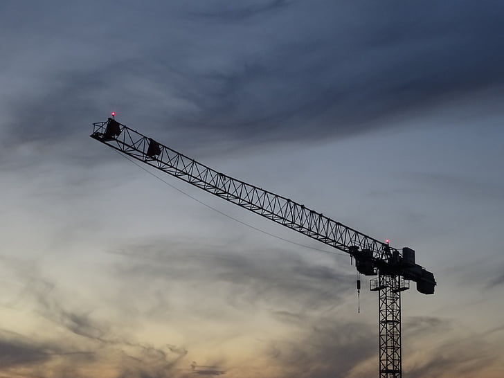 crane, construction, sky, clouds, evening, scaffold, metal
