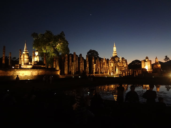 Crepúsculo, complexo de templos, viagens, locais de interesse, Tailândia, Ásia, sukkhothai