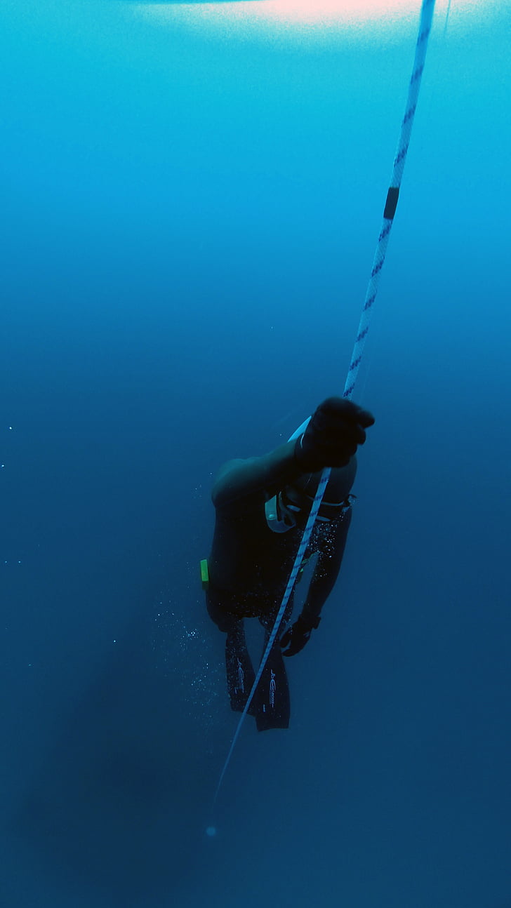 blue, deep, diver, ocean, sea, water, rope
