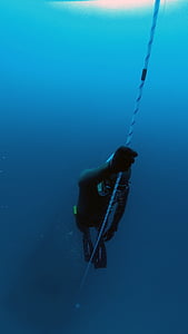 azul, profundo, mergulhador, oceano, mar, água, corda