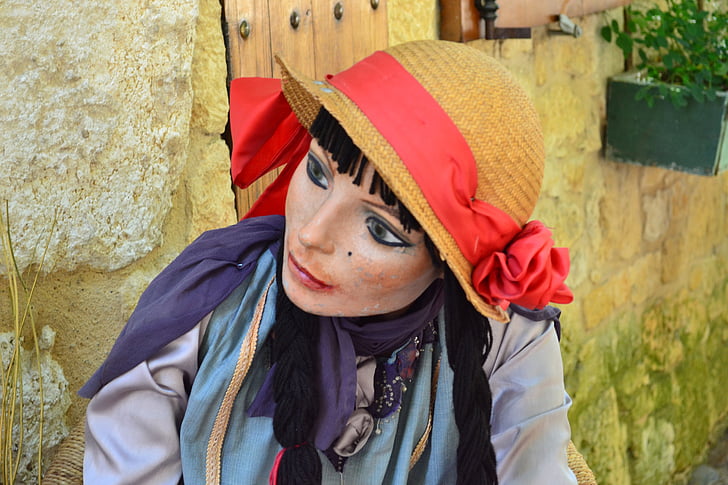 mannequin, woman, face, hat, gypsy, straw hat, bergerac