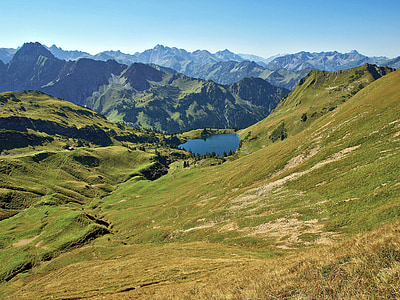 Seealpsee, sela de ponteiro, buzina de nevoeiro, Alpina, montanhas, Oberstdorf, Allgäu