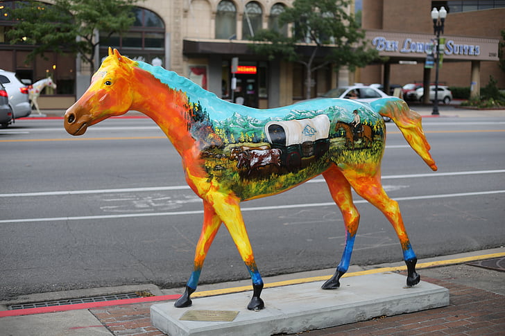 horse, colorful, statue, art, sidewalk, architecture, tourism