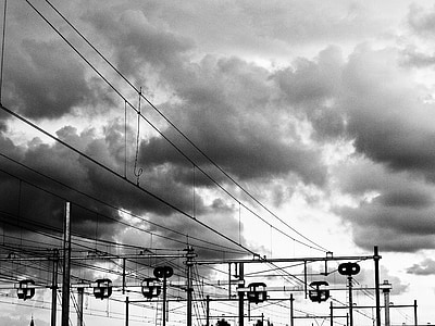 train, wires, clouds, black and white, amsterdam, netherlands