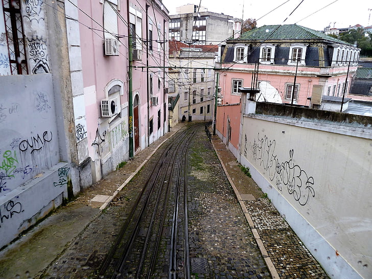 Straßenbahnschienen, Schienen, Lissabon, Straße, Architektur, städtischen Szene, Bahngleis