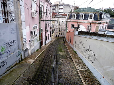 tramvaju ceļi, sliedes, Lisabonas, iela, arhitektūra, pilsētas skatuves, dzelzceļa sliežu
