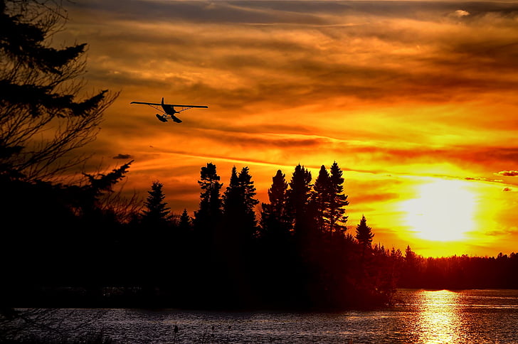 seaplane, sunset, trees, landscape, colors, evening, lake