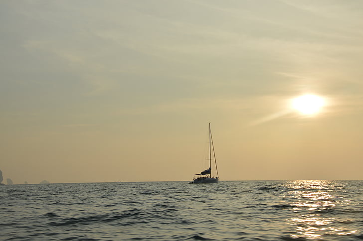 sunset, ship, evening sky, sea, sun, lichtspiel, water
