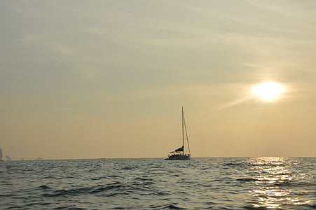 zachód słońca, statek, wieczorne niebo, morze, Słońce, Lichtspiel, wody