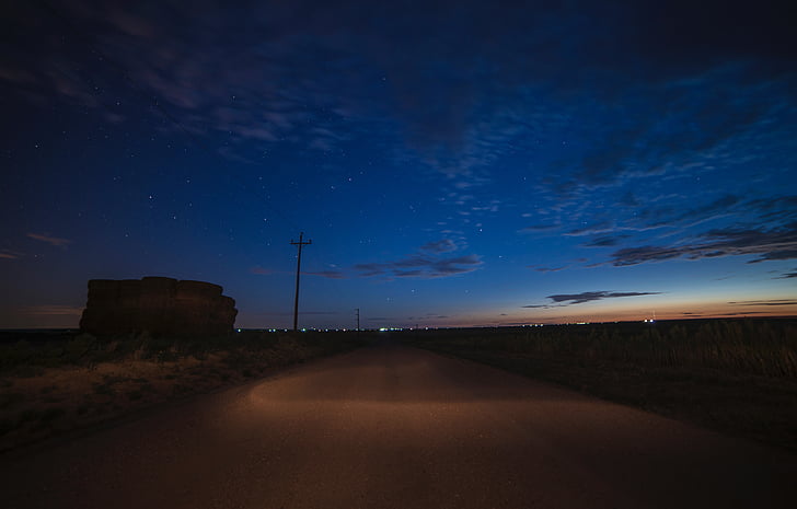 carretera, nit, fosc, nit, camí, horitzó, natura