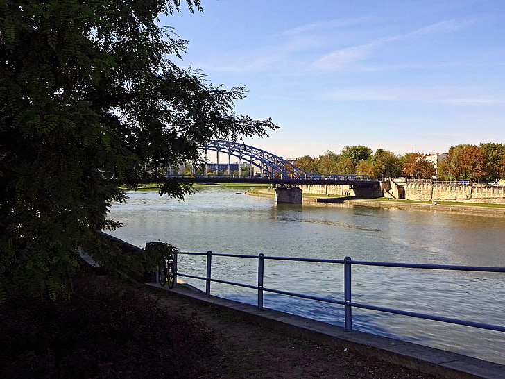 bridge, wisla, kraków, river, panorama, buildings, landscape