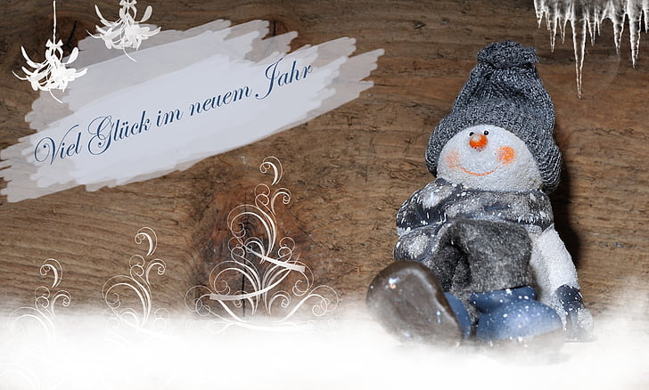 hombre de nieve, Felicitaciones, día de año nuevo, tarjeta de felicitación, tarjeta postal, madera