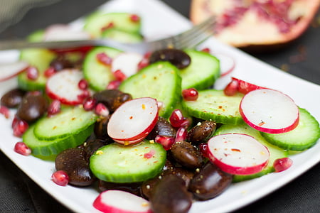 salad, cucumber, radishes, pomegranate, beans, healthy, colorful