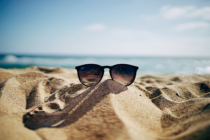 beach, blur, close-up, coast, eyeglasses, ocean, sand