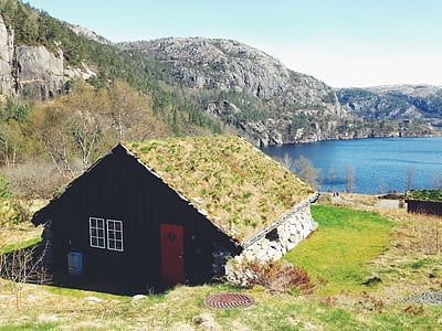 huis, in de buurt van, lichaam, water, Bergen, Cottage, Lake