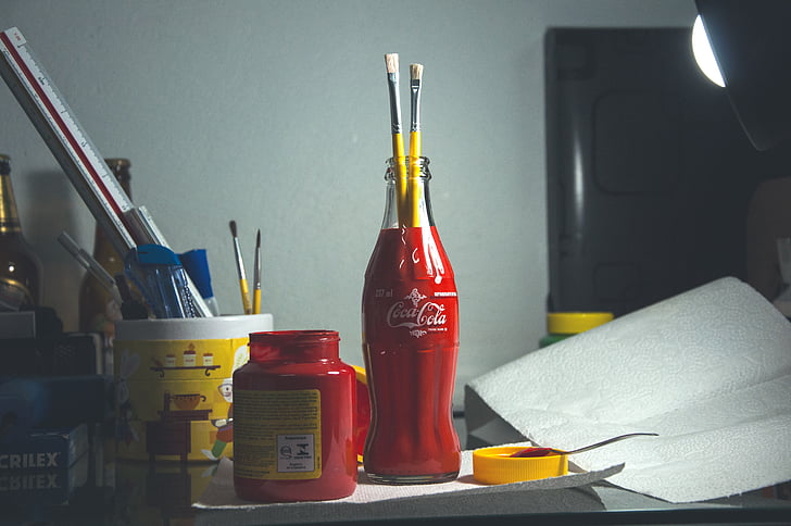 paintbrushes, art, supplies, red, paint, jar, bottle