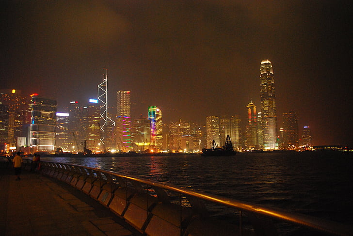 nuit, Hong kong, bâtiments, le gratte-ciel, superstructure, ville, agglomération