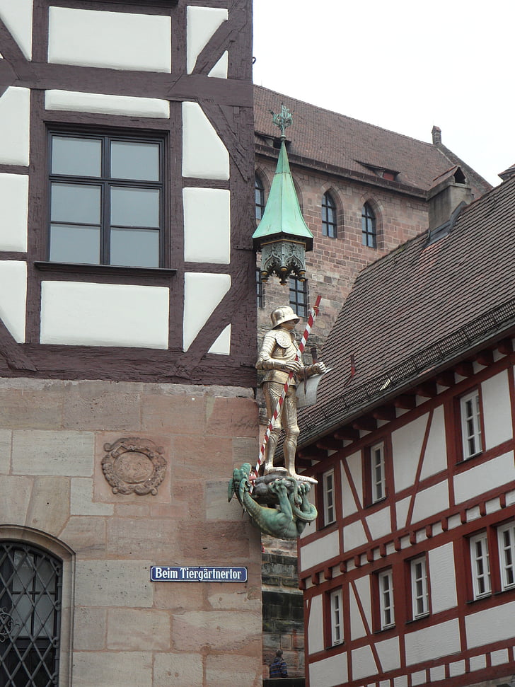 rytíř, drak, Středověk, staré město, fasády, Krov, fachwerkhäuser