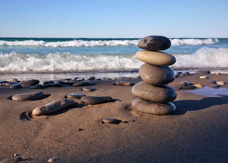 rocks, stacked, balance, beach shore, beach, sea, wave