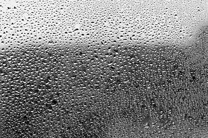 drop, raindrop, glass, gray