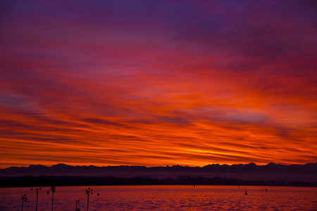 Morgenrot, Napkelte, nap, égbolt, világos piros, tó
