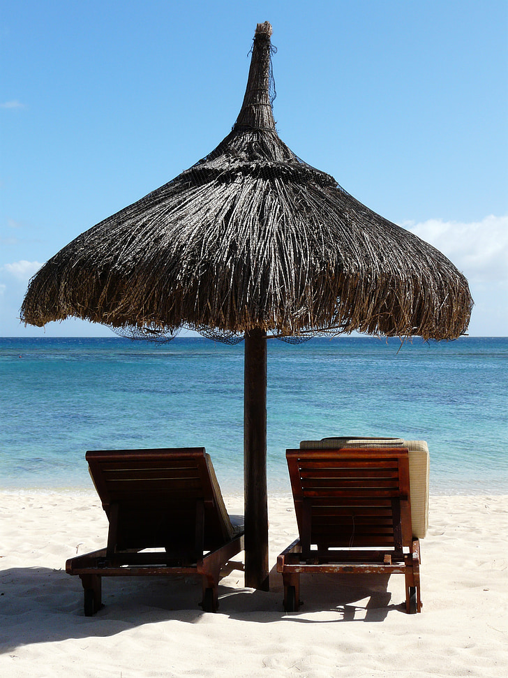 suncobran, ležaljke, Mauricijus, plaža, more, Sunce, odmor